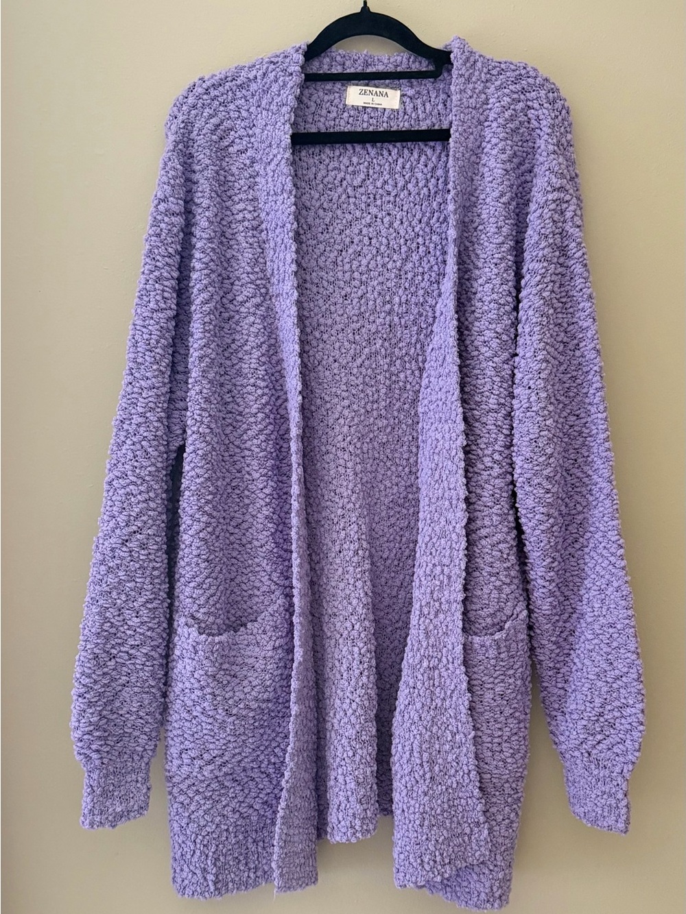 Zenana Popcorn Knit Cardigan Sweater Purple Women's L Open Front Pocket Stretch